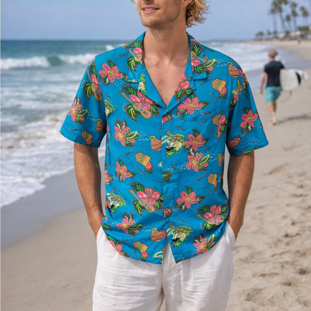 Vintage OP Bright Blue Hawaiian Shirt with Tropical Floral Print Men's Medium